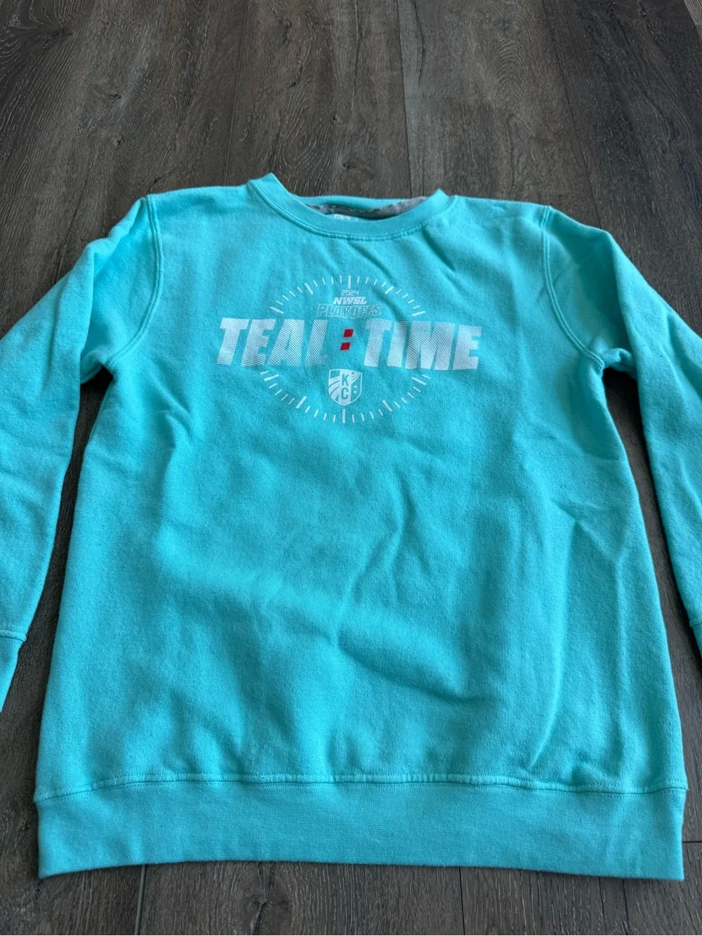KC Current Soccer Teal Crewneck Sweatshirt with 'TEAL TIME' Graphic Youth Large